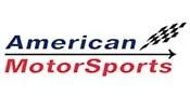 Logo for American MotorSports. The word American is in blue, MotorSports is in red, with a red underline and an arrow ending in a black checkered flag pattern to the right.