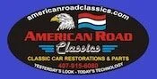 Logo for American Road Classics featuring an eagle, a red, white, and blue flag, and text: Classic Car Restorations & Parts, phone number, and slogan, Yesterdays Lookâ€¦ Todays Technology.
