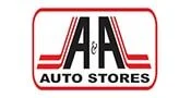 Logo for A&A Auto Stores featuring bold black letters A & A with red stripes above and below, and AUTO STORES in red letters underneath, all within a red-bordered rectangle.