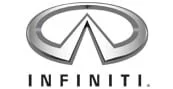 The Infiniti logo, featuring a silver oval with two lines forming an upward-facing point in the center, is shown above the word INFINITI in bold capital letters.