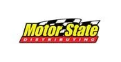 Motor State Distributing logo with a black and white checkered flag above bold yellow Motor State text and red Distributing text on a red background.
