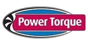 Logo with the words Power Torque in white text on a magenta oval, set against a blue and black background with a black and white fan-like graphic on the left side.