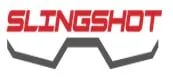 The image shows the word SLINGSHOT in bold, red, uppercase letters above a stylized, angular black shape resembling a wide W or abstract slingshot. The background is white.