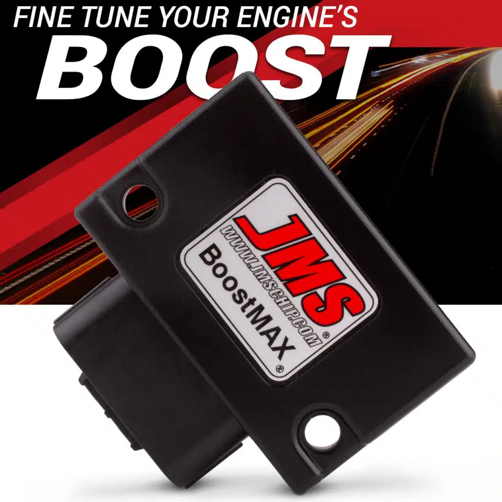 A black JMS BoostMAX automotive performance chip is shown in front of a red and black background with light trails and the text FINE TUNE YOUR ENGINES BOOST at the top.