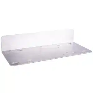 A flat, rectangular metal bracket with a raised edge and multiple slots and holes, likely used for mounting or supporting objects. The surface appears smooth and metallic.