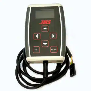 A handheld electronic device labeled JMS with a small screen, directional arrow buttons, ESC and ENTER buttons, and an attached black cable ending in a multi-wire connector.
