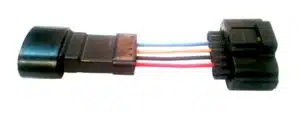 A black automotive wire connector adapter with four colored wiresâ€”blue, orange, black, and redâ€”labeled A, B, C, and D, against a white background.