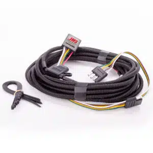 A coiled black automotive wiring harness with multiple connectors, a JMS-branded module, and several zip ties on a white background. The harness includes colored wires and protective tubing.