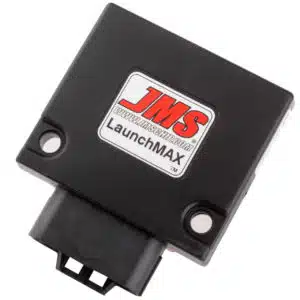 A black electronic module labeled JMS LaunchMAX with a website URL, mounting holes, and a connector port at the bottom.