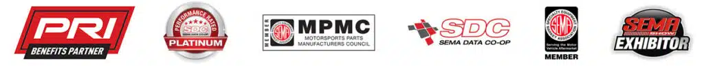 Six automotive industry association logos, including PRI, SEMA Platinum, MPMC, SDC, SEMA Member, and SEMA Show Exhibitor, displayed in a row on a white background.